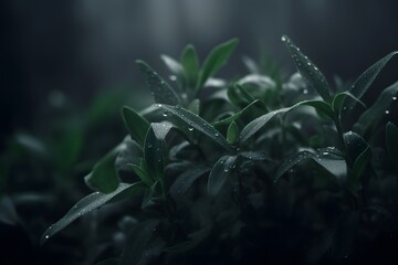 Dark green wet plants, dew macro, closeup, Generative AI