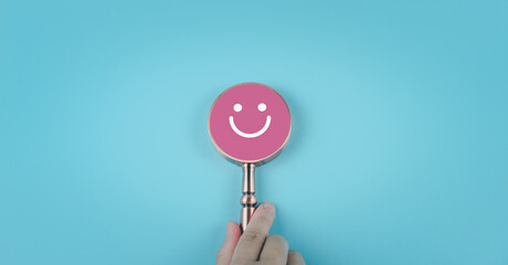 Mental health care concept, focus on health services, fitness, glasses, sale, icons, bright smile for life