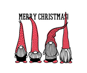 Vector Christmas card with hand drawn cute Scandinavian gnomes in dotted high caps. Ink drawing, funny illustration, beautiful design elements.