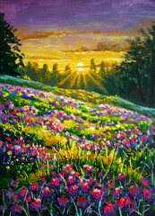 Dawn sunset over flower field glade handpainted oil painting sun rays floral landscape field flowers impressionism nature art illustration