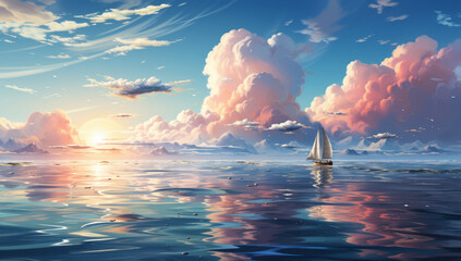 clouds in the sky over an ocean, in the style of whimsical subject matters.  - obrazy, fototapety, plakaty