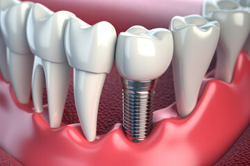 Dental implantation, teeth with implant screw, illustration.  - obrazy, fototapety, plakaty