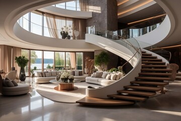 A living room filled with furniture and a spiral staircase. AI