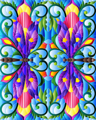 An illustration in the style of a stained glass window with bright dragonflies and flowers on a blue sky background