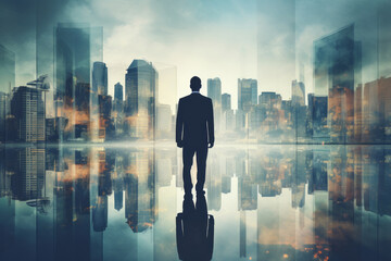 Fototapeta na wymiar Double exposure concept with businessman and city. AI Generated