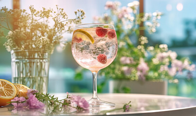  a glass of wine with lemons and raspberries on a table.  generative ai