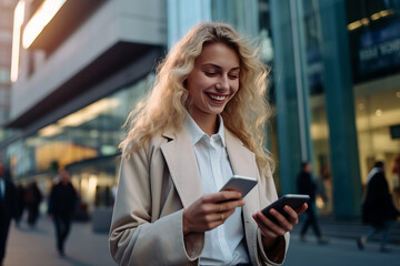 smiling businesswoman in fashion clothes using a smartphone, commuting to work in the city.. AI Generated