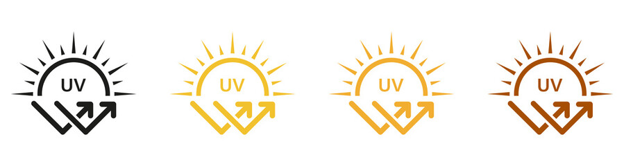 Block Solar Radiation and Ultraviolet Rays Symbol Collection. Sunblock Cream Label. Skin Protect, Danger UV Sunlight Pictogram. Sunscreen Lotion, SPF Protection Icon Set. Isolated Vector Illustration