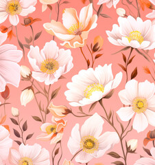 Floral seamless pattern with orange and pink flowers on white background.