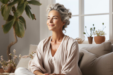 Elderly beautiful woman sitting on the floor and meditating in a beautiful room in her home