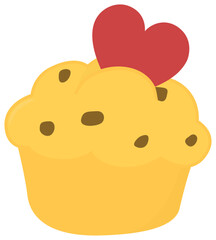 Tasty vanilla cupcake with chocolate chips and heart topper.
Bakery dessert cartoon illustration, cute muffin pastry icon.
Sweet cake and love concept. 
Transparent background png and editable vector