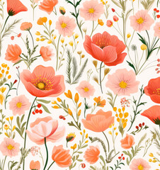 Floral seamless pattern with orange and pink flowers on white background.