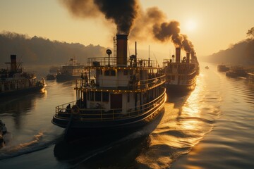 Old steamboat with smoke in river. Generative AI - obrazy, fototapety, plakaty