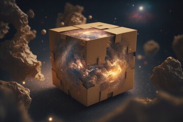 Simple cardboard box floating in starry outer space, Generative AI