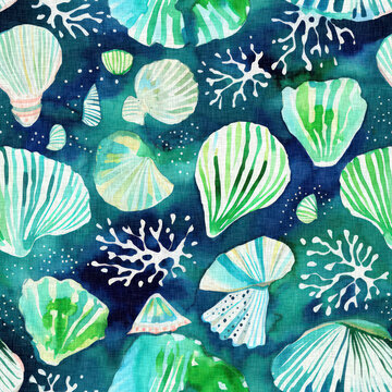  Seamless trendy underwater shell clam repeat background. Tropical modern seashell coastal pattern clash fabric coral reef print for summer beach textile designs with a linen cotton effect.