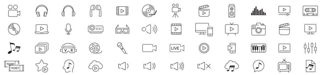 Content line icons editable set vector. Music Camera Audio Dj Piano Video Media Microphone Webcam Television Earphones Cinema - obrazy, fototapety, plakaty