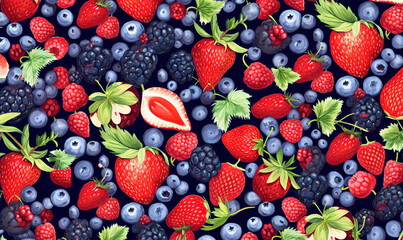 Fototapeta premium a bunch of berries and strawberries on a black background. generative ai