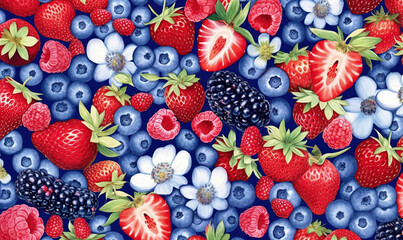  a bunch of berries and blueberries on a blue background.  generative ai