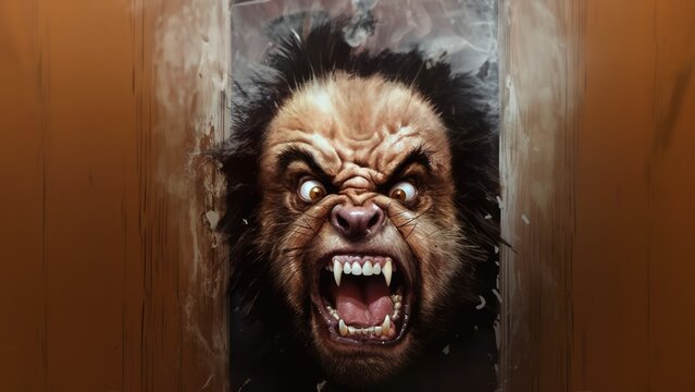 Raging angry malignant werebear lycan in transformative state trying to break through and ferociously attacking with terrifying crazy eyes and sharp teeth - generative AI 