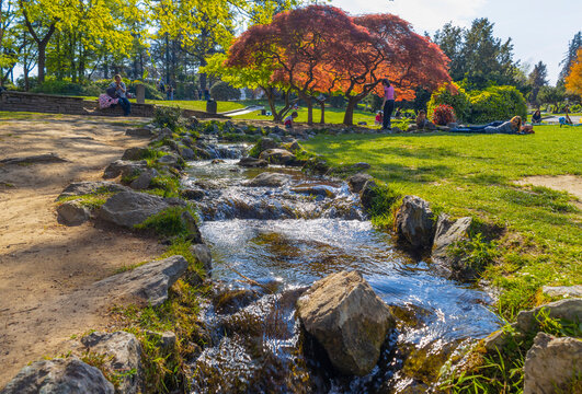 TORINO (TURIN), ITALY, APRIL 11, 2023 - View of Valentino Park in spingtime in Turin, Piedmont, Italy