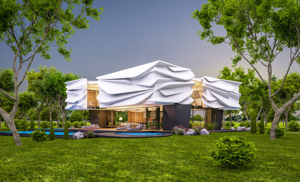 3d rendering of cute cozy modern house with bionic natural curves plastic forms with parking  and pool for sale or rent with beautiful landscape. Clear summer evening with cozy light from window