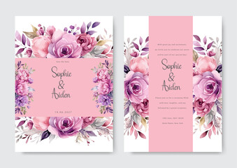 Beautiful pink and purple floral wreath wedding invitation card template. Roses invitation wedding.