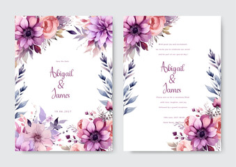 Beautiful pink and purple floral wreath wedding invitation card template. Roses invitation wedding.