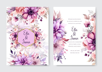 Elegant wedding card with floral frame multi purpose. Wedding invitation with purple floral ornament and roses frame