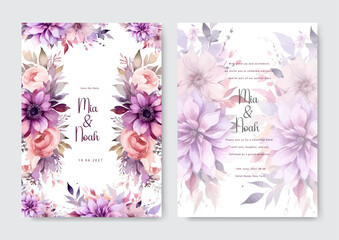 Wedding invitation with purple floral ornament and roses frame
