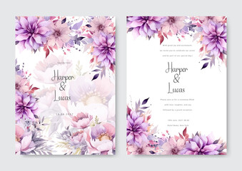 Purple hand drawn floral roses wedding invitation card set