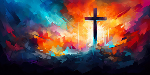 Colorful painting art of an abstract background with cross. Christian illustration. - obrazy, fototapety, plakaty