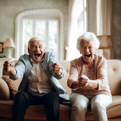 Portrait, scream or excited senior couple, friends or old people winning, celebrate and watch retirement home tv show. Celebration, achievement winner or fun elderly woman, man or AI generated person - obrazy, fototapety, plakaty