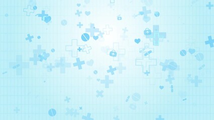 Abstract medical animation with hospital symbols falling down. Blue looped background on healthcare theme. - Powered by Adobe