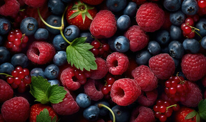 Fototapeta premium a bunch of berries and raspberries with leaves on them. generative ai