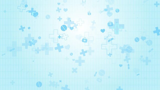 Abstract medical animation with hospital symbols falling down. Blue looped background on healthcare theme.