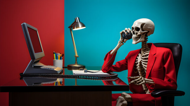 squelette avec un téléphone à la main pour illustrer un temps d'attente très long