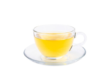 Chamomile herbal tea with flower buds and chamomile bouquet isolated on white background. Useful herbal, soothing drinks and natural healer concept. Immunity tea.Close up. Copy space.