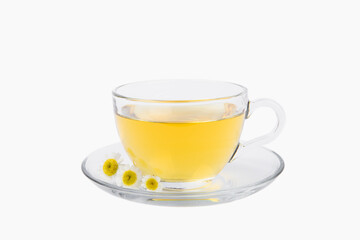 Chamomile herbal tea with flower buds and chamomile bouquet isolated on white background. Useful herbal, soothing drinks and natural healer concept. Immunity tea.Close up. Copy space.