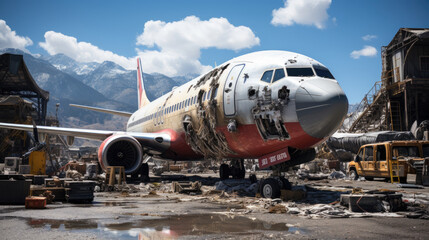 Fototapeta na wymiar Photo of an abandoned damaged plane in the middle jungle of a muddy wilderness created with Generative AI Technology
