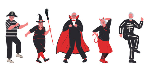 Halloween party. Senior people in Halloween costumes are dancing and having fun. Positive elderly people. Vector illustration