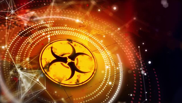 Round warning sign with biological hazard. Bright yellow animation with icon, lines and circles on world map background. Looped screensaver.