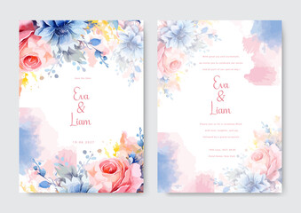 Pink blue minimalist wedding card template with roses flower watercolor. Rustic theme wedding card invitation.