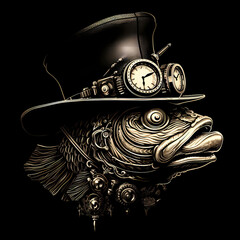 Fish head wearing steampunk hat and google glasses