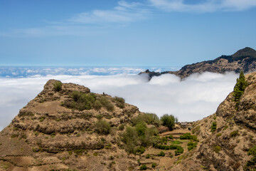 views between Ribeira da Torre and Ribeira do Paul, Santo Antão, Cape Verde; clouds between the...