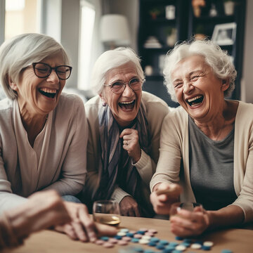 Laughing, women and elderly friends on a sofa playing games together in the living room of a home. Happiness, ai generated and senior females in retirement bonding and talking in the lounge of house.