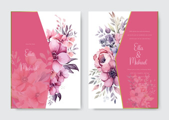 Wedding invitation card template set with roses floral and watercolor background. Romantic theme wedding card invitation.