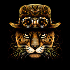 Cheetah wearing steampunk hat and google glasses