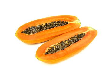 Papaya.Fruit.Cut in half.Sliced.Exposed.Orange pulp and seeds.Isolated.On white background.  top view photo
