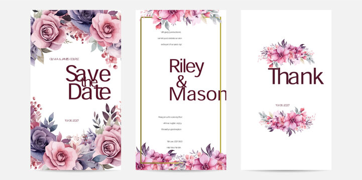 Bridal shower invitation with tropical leaves ornament watercolor background. Purple rose floral wedding card invitation theme.