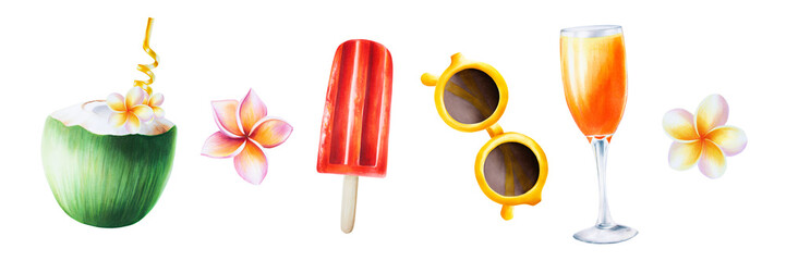 Watercolor set of illustrations with orchid flowers, ice cream on a stick, coconut cocktail with straw and sunglasses. Tropical fruit isolated on white background. For designers, spa decoration, p